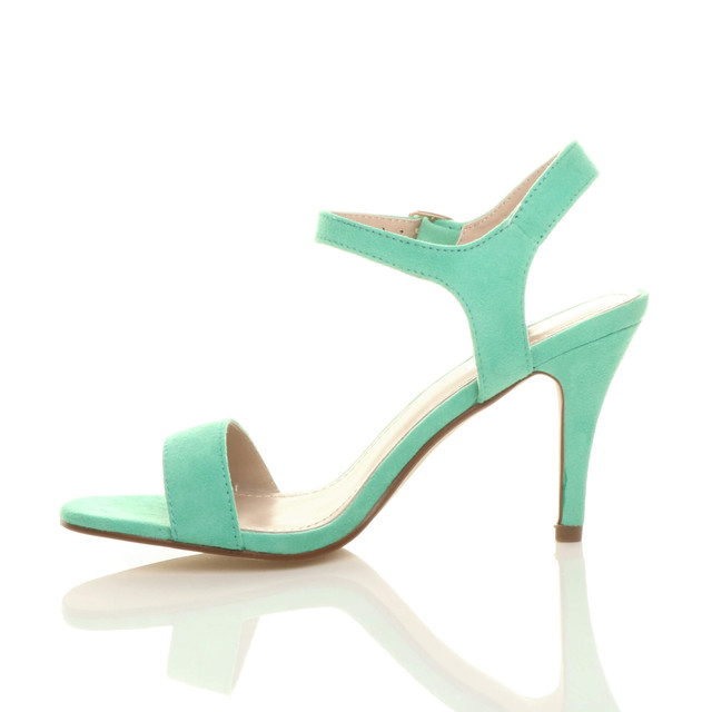 Left side view of Mint Suede High Heel Strappy Buckle Sandals