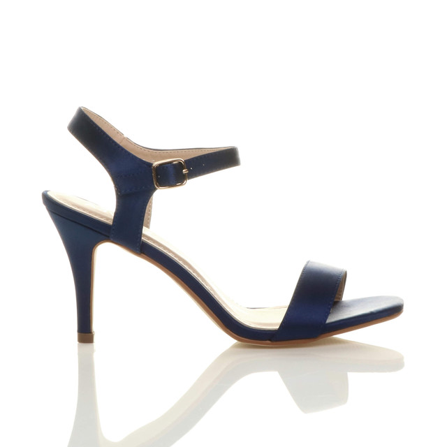Right side view of Navy Satin High Heel Strappy Buckle Sandals