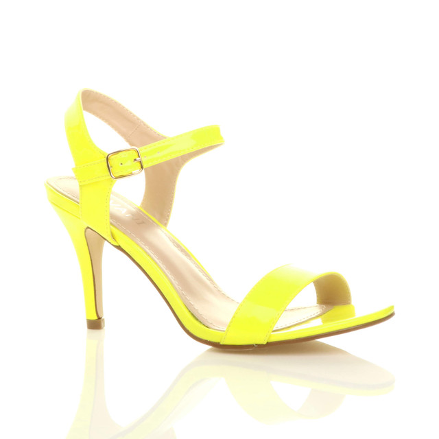 Front right side view of Neon Yellow Patent High Heel Strappy Buckle Sandals