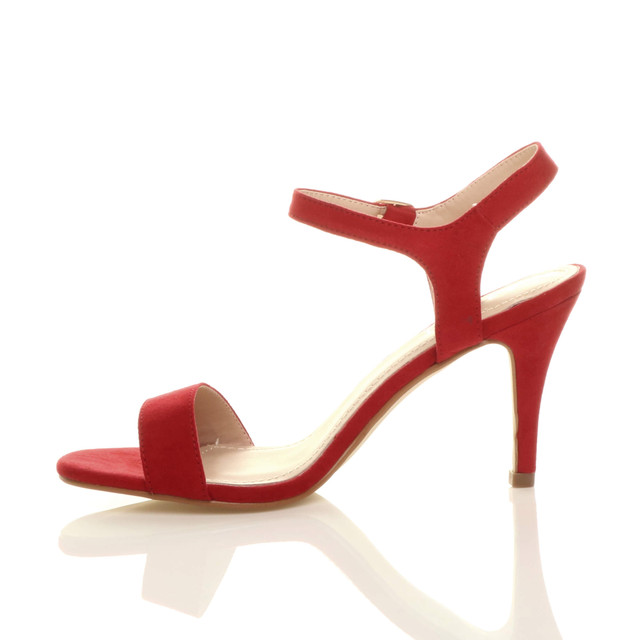Left side view of Red Suede High Heel Strappy Buckle Sandals