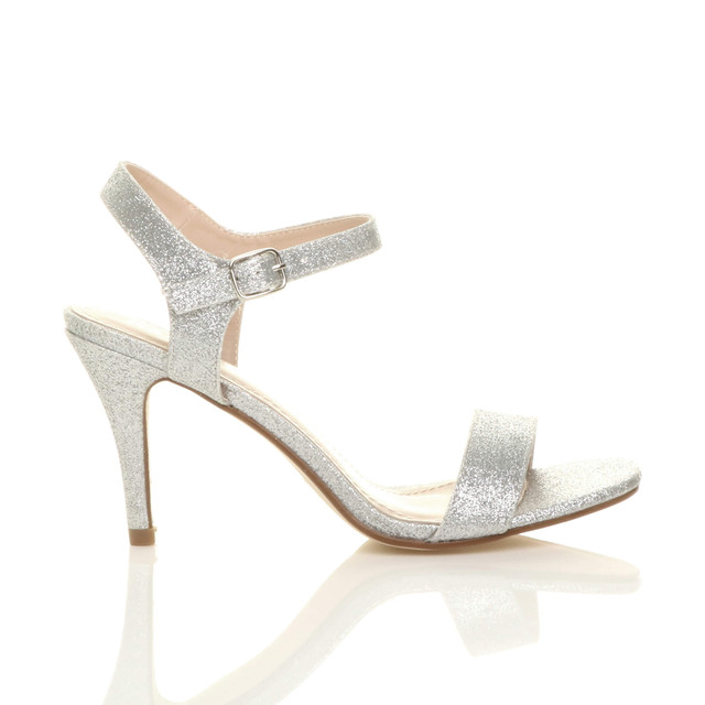 Right side view of Silver Glitter High Heel Strappy Buckle Sandals