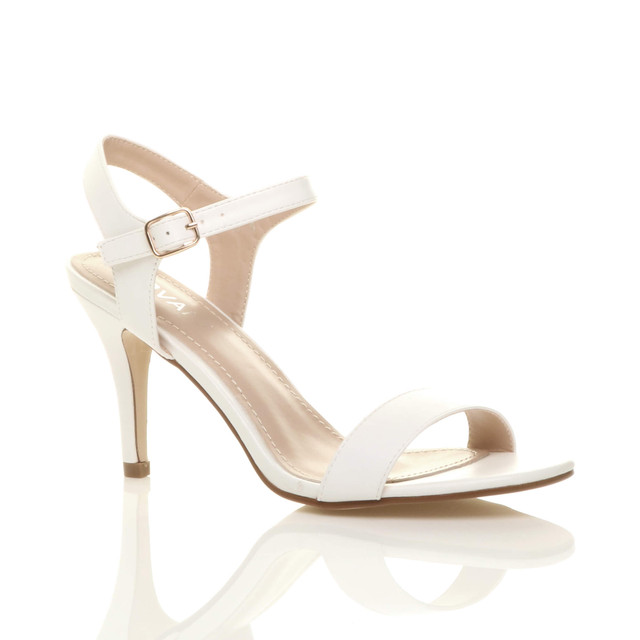 Front right side view of White PU High Heel Strappy Buckle Sandals