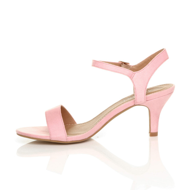 Left side view of Baby Pink Suede High Heel Strappy Buckle Sandals