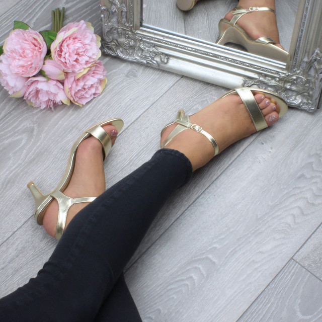 Model wearing Gold PU High Heel Strappy Buckle Sandals