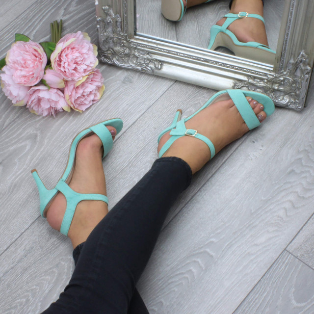 Model wearing Mint Suede High Heel Strappy Buckle Sandals