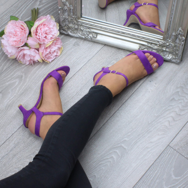 Model wearing Purple Suede High Heel Strappy Buckle Sandals