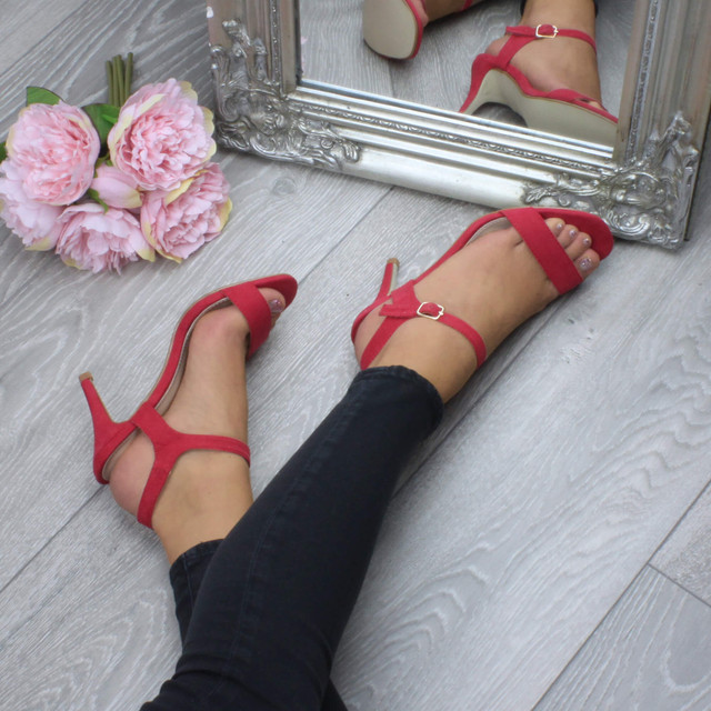Model wearing Red Suede High Heel Strappy Buckle Sandals