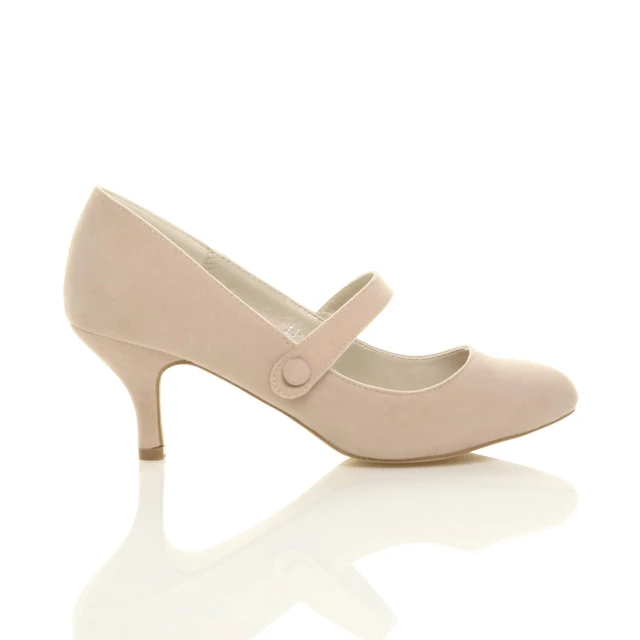 Right side view of Nude Suede Mid Heel Mary Jane Court Shoes