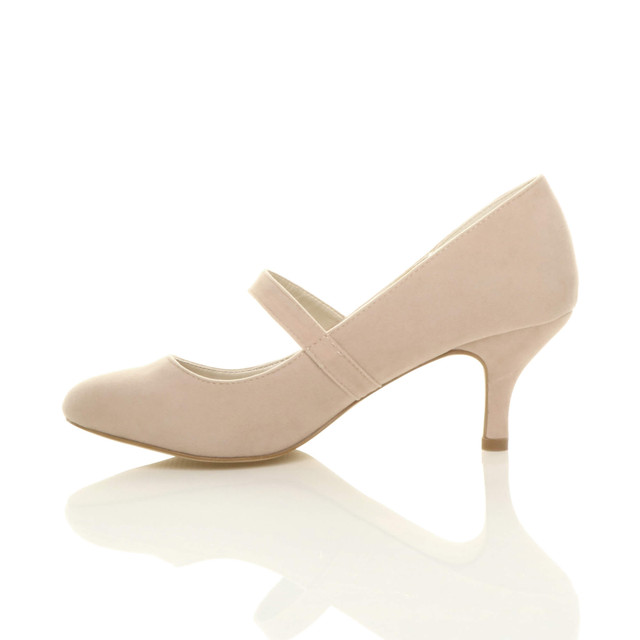 Left side view of Nude Suede Mid Heel Mary Jane Court Shoes