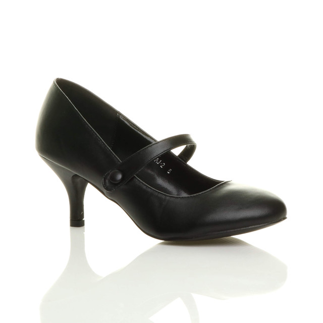 Front right side view of Black PU Mid Heel Mary Jane Court Shoes