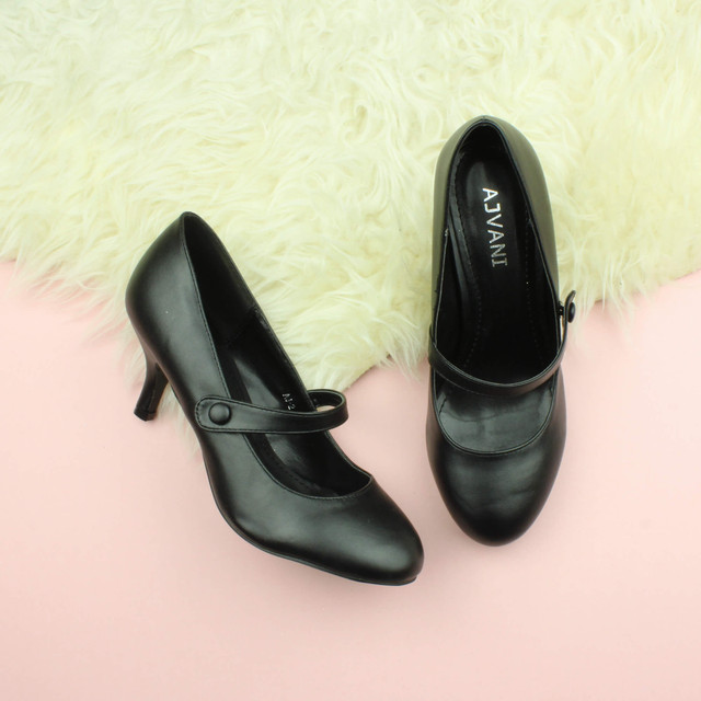 Closeup view of features of Black PU Mid Heel Mary Jane Court Shoes