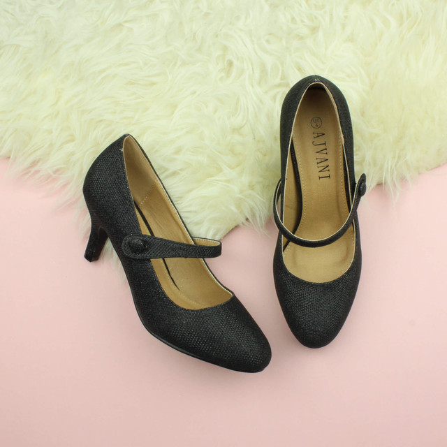 Closeup view of features of Black Glitter Mid Heel Mary Jane Court Shoes