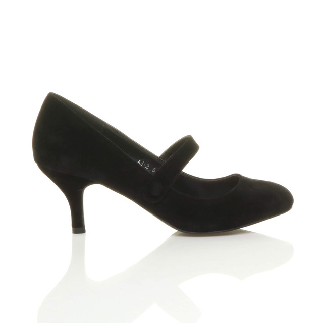 Right side view of Black Suede Mid Heel Mary Jane Court Shoes