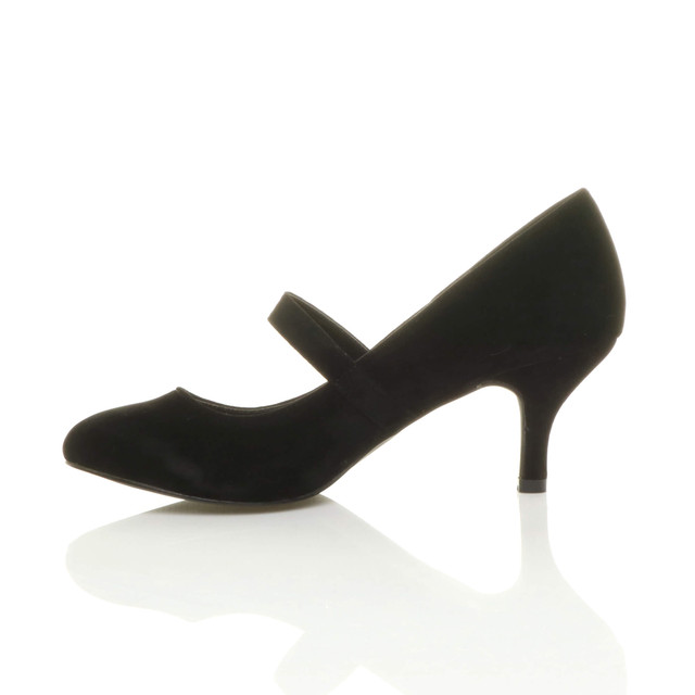 Left side view of Black Suede Mid Heel Mary Jane Court Shoes