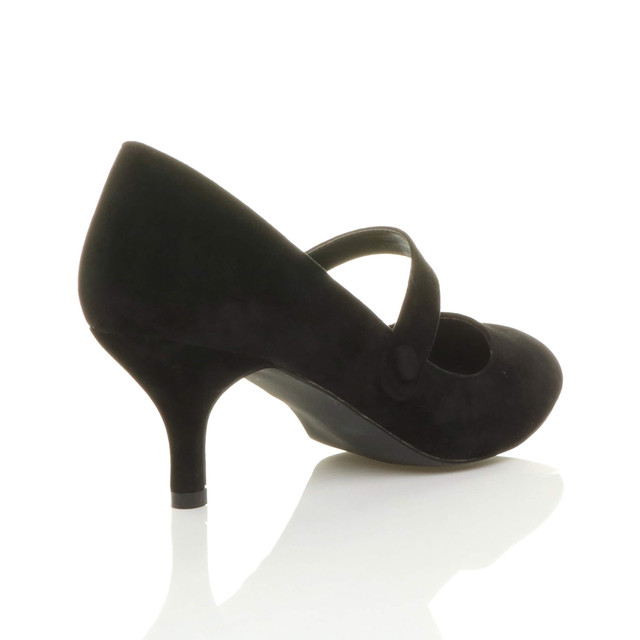 Back right side view of Black Suede Mid Heel Mary Jane Court Shoes