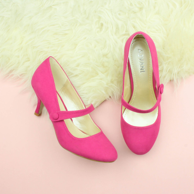 Closeup view of features of Fuchsia Pink Suede Mid Heel Mary Jane Court Shoes