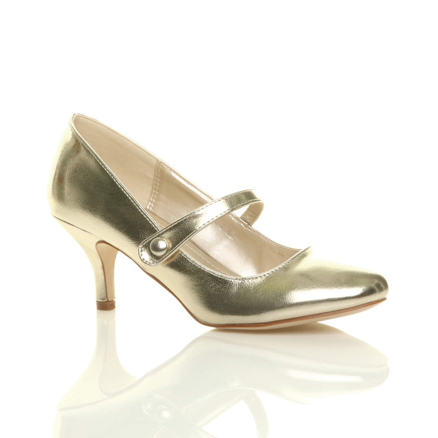 Front right side view of Gold PU Mid Heel Mary Jane Court Shoes