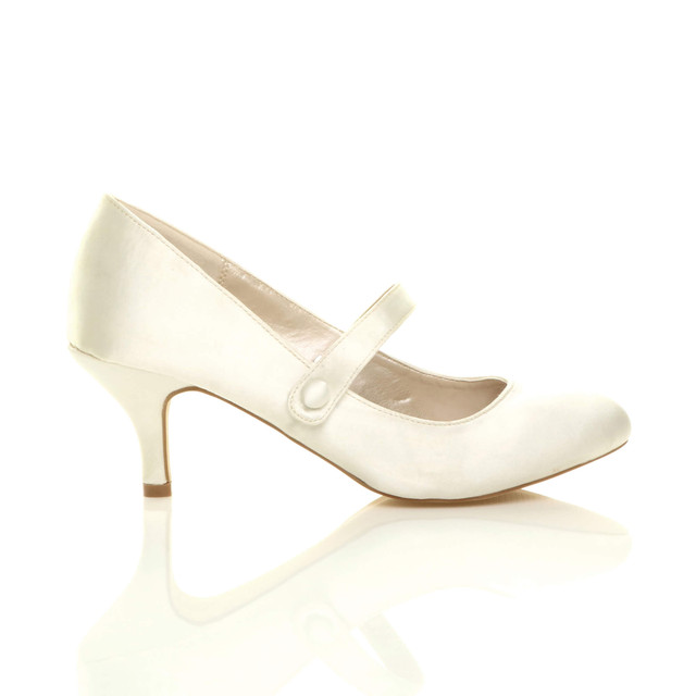 Right side view of Ivory Satin Mid Heel Mary Jane Court Shoes
