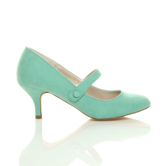 Right side view of Mint Suede Mid Heel Mary Jane Court Shoes
