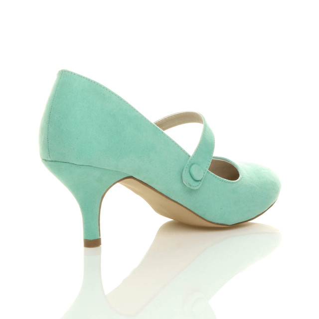 Back right side view of Mint Suede Mid Heel Mary Jane Court Shoes