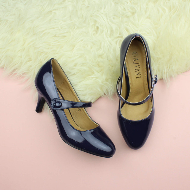 Closeup view of features of Navy Patent Mid Heel Mary Jane Court Shoes