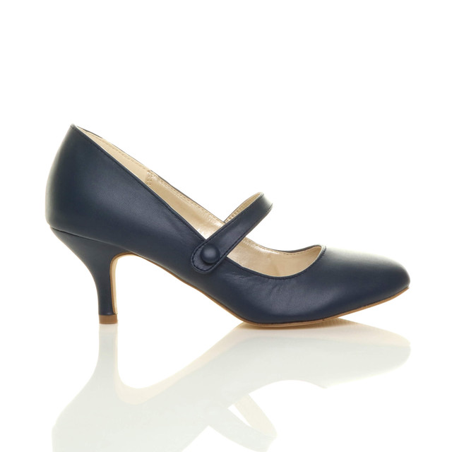 Right side view of Navy PU Mid Heel Mary Jane Court Shoes