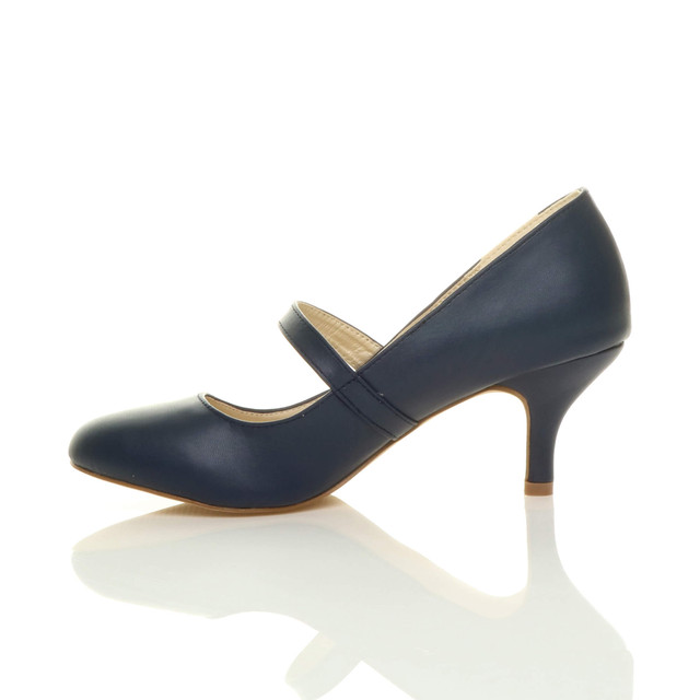 Left side view of Navy PU Mid Heel Mary Jane Court Shoes