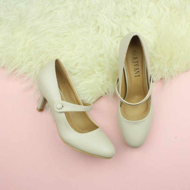 Closeup view of features of Nude PU Mid Heel Mary Jane Court Shoes