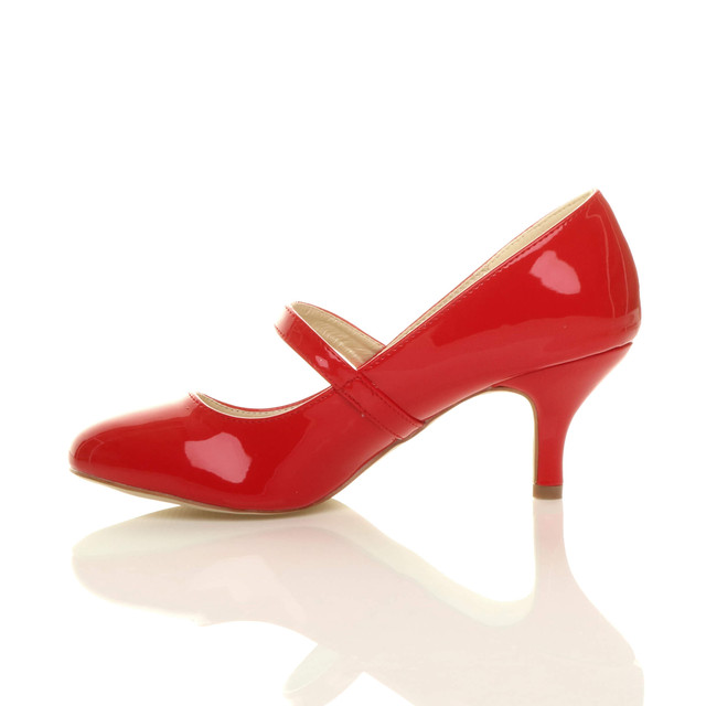 Left side view of Red Patent Mid Heel Mary Jane Court Shoes