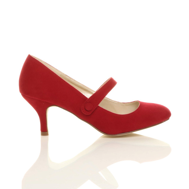 Right side view of Red Suede Mid Heel Mary Jane Court Shoes