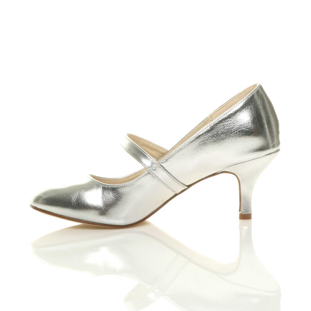 Left side view of Silver PU Mid Heel Mary Jane Court Shoes