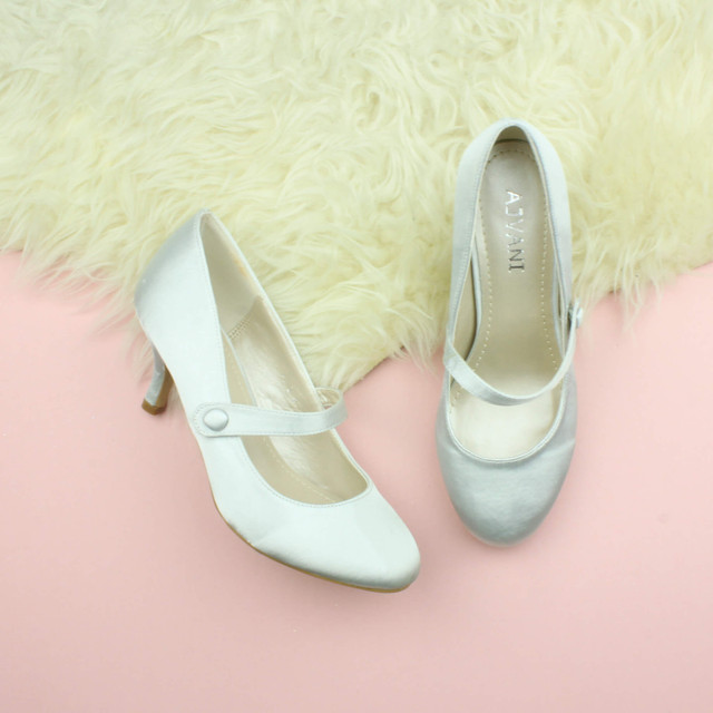 Closeup view of features of Silver Satin Mid Heel Mary Jane Court Shoes