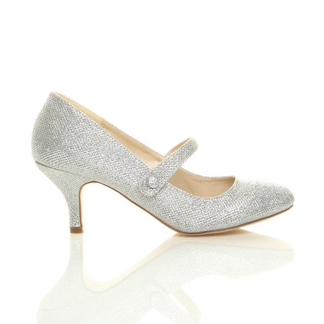 Right side view of Silver Glitter Mid Heel Mary Jane Court Shoes