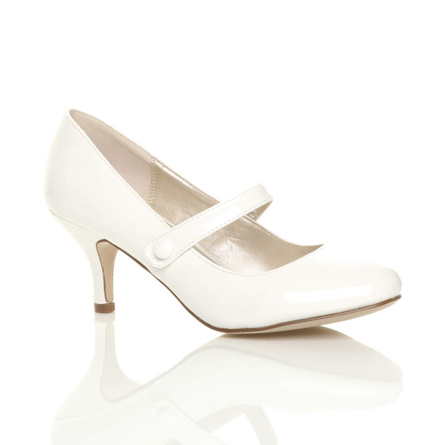 Front right side view of White Patent Mid Heel Mary Jane Court Shoes
