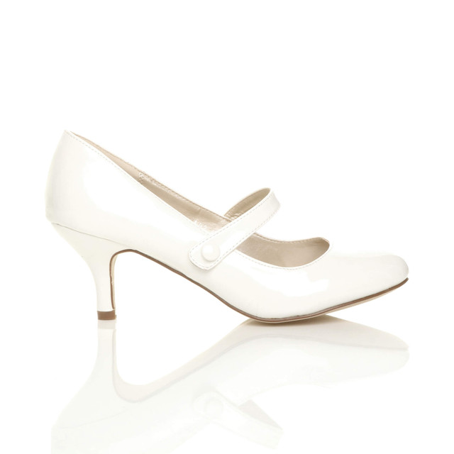 Right side view of White Patent Mid Heel Mary Jane Court Shoes