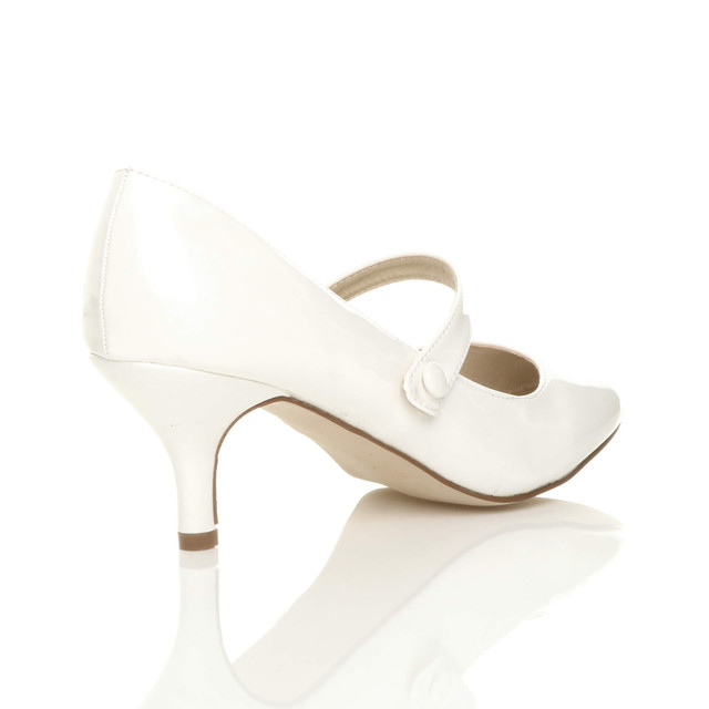 Back right side view of White Patent Mid Heel Mary Jane Court Shoes