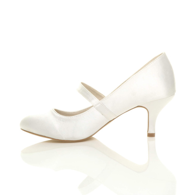 Left side view of White Satin Mid Heel Mary Jane Court Shoes