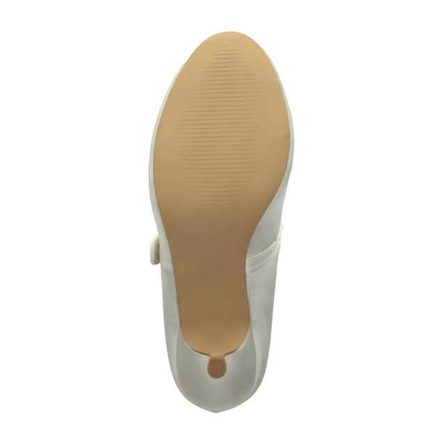 Bottom view of the sole of White Satin Mid Heel Mary Jane Court Shoes