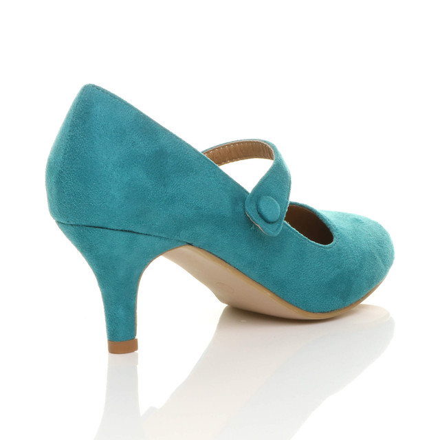 Back right side view of Turquoise Suede Mid Heel Mary Jane Court Shoes