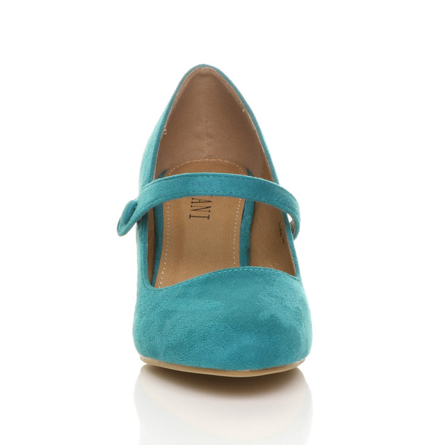 Front view of Turquoise Suede Mid Heel Mary Jane Court Shoes