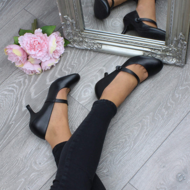 Model wearing Black PU Mid Heel Mary Jane Court Shoes