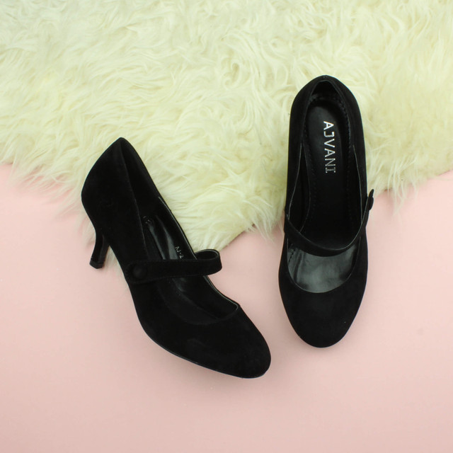 Black Suede Mid Heel Mary Jane Court Shoes