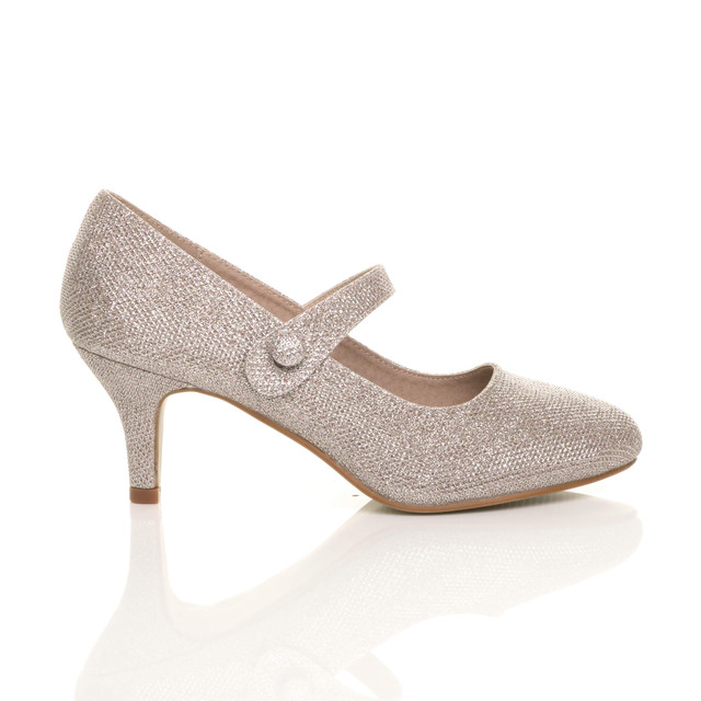 Right side view of Rose Gold Glitter Mid Heel Mary Jane Court Shoes