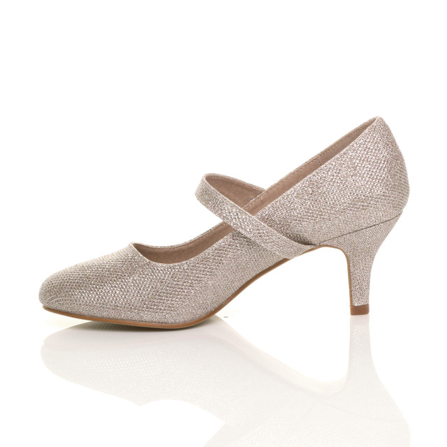 Left side view of Rose Gold Glitter Mid Heel Mary Jane Court Shoes