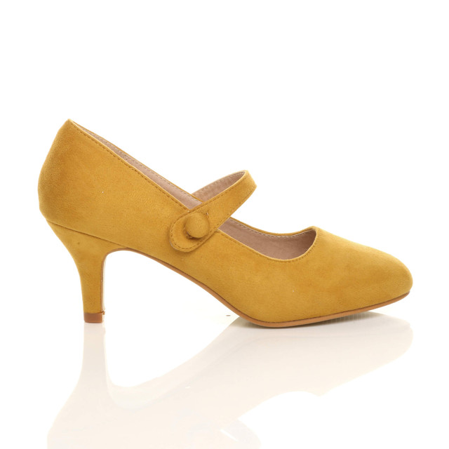 Right side view of Mustard Suede Mid Heel Mary Jane Court Shoes