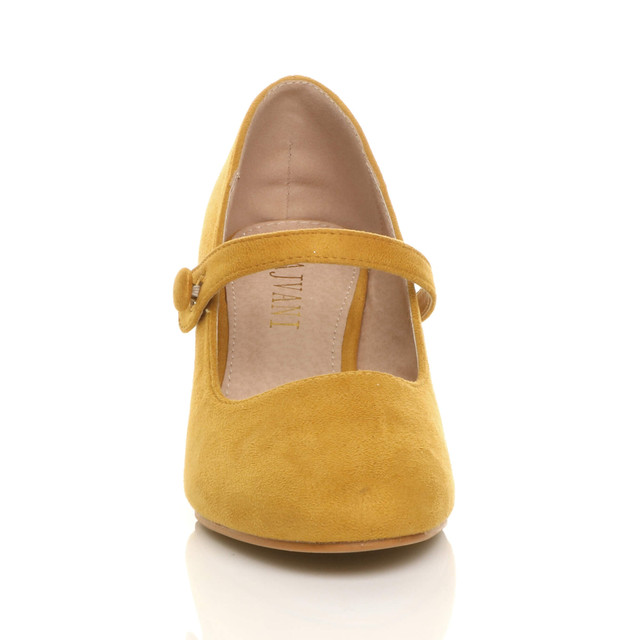Front view of Mustard Suede Mid Heel Mary Jane Court Shoes