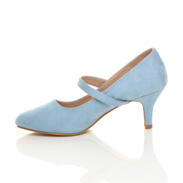 Left side view of Pale Blue Suede Mid Heel Mary Jane Court Shoes