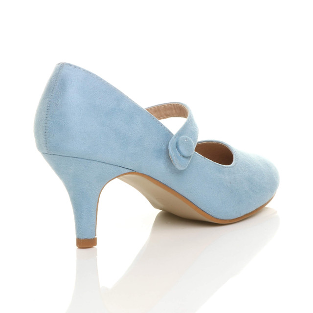 Back right side view of Pale Blue Suede Mid Heel Mary Jane Court Shoes