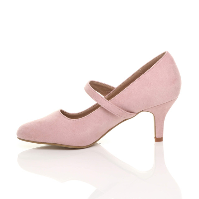 Left side view of Pale Pink Suede Mid Heel Mary Jane Court Shoes