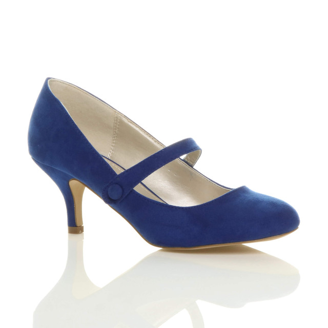 Front right side view of Cobalt Blue Suede Mid Heel Mary Jane Court Shoes